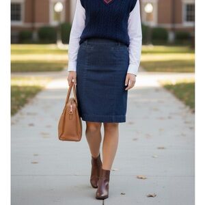 Ann Taylor Jean Skirt Womens Sz 4 Straight Pencil Dark Denim Knee Hem City Chic